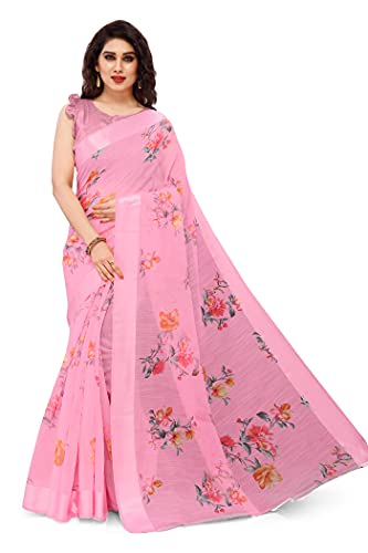 SOURBH Women's Plain Weave Cotton Blend Floral Printed Saree with Blouse Piece (27084-Pink, Orange)