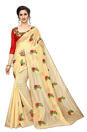 SORATH Women's Cotton Chanderi Cream Color Embroiderery Saree With Matching Blouse Piece