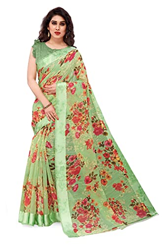 SOURBH Women's Plain Weave Cotton Blend Floral Printed Saree with Blouse Piece