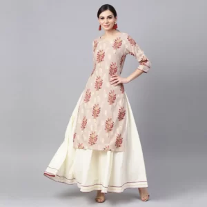 Pink Printed Baby Kurta With Gold Print Skirt