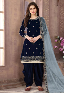 Purple velvet embroidered Punjabi Suit
