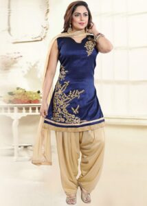 Blue And Cream Embroidered Readymade Punjabi Suit