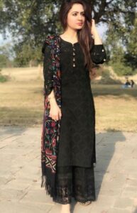 Black chikankari suit with floral dupatta