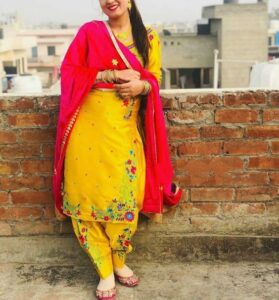 Floral yellow with pink dupatta suit