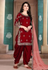 Maroon silk embroidered Patiala suit
