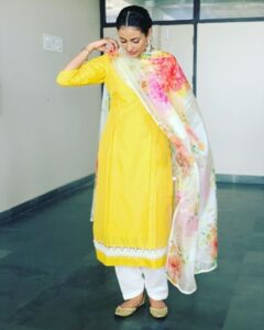 Patterned Salwar Suit in Light Yellow