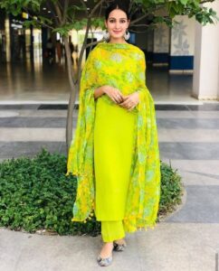 Plain Lime green suit with floral dupatta