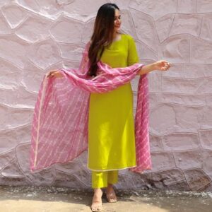 Plain suit with pink white dyed dupatta