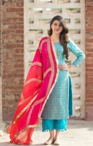 Sky blue printed suit with dyed dupatta