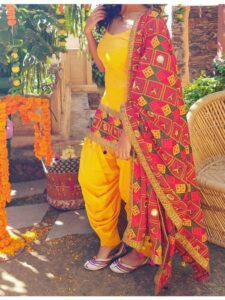 Yellow Patiala suit with phulkari