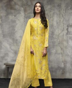 Yellow zardozi floral work suit