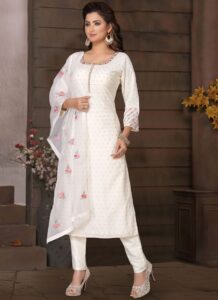 Readymade White Brocade Woven Punjabi Salwar Suit