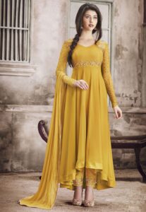 Yellow Embroidered Asymmetric Readymade Punjabi Suit