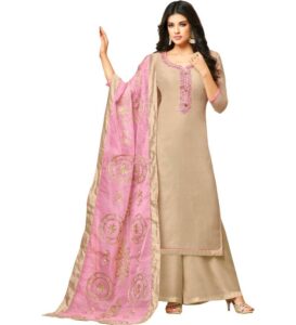 Beige Readymade Salwar Suit With Chanderi Dupatta