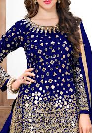 Blue Art Silk Mirror Work Punjabi Suit