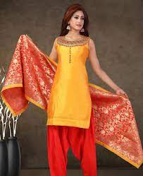 Readymade Orange Chanderi Salwar Kameez With Dupatta