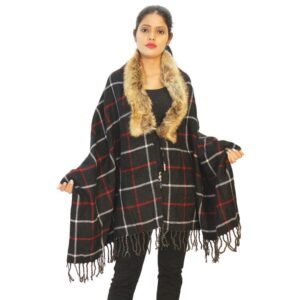 Check Pattern Fur Cape Wrap