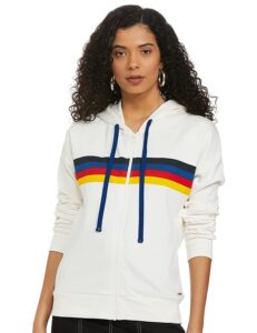 US Polo Association Women Off-White Drawstring Hood Contrast Striped Sweatshirt