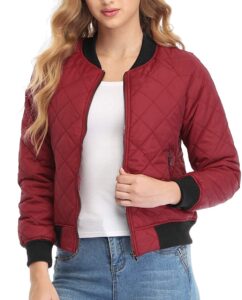 Women's Quilted Bomber Jacket Long Sleeves Zip Up 