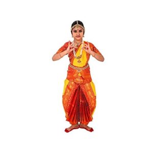 BHARATANATYAMWORLD Bharatnatyam Readymade Yellow & Orange China Silk 