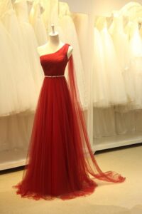 Beautiful gauze shoulder long simple ball gown wine red, wine red formal dresses