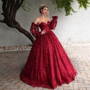 Dark wine ball gown with detachable sleeves