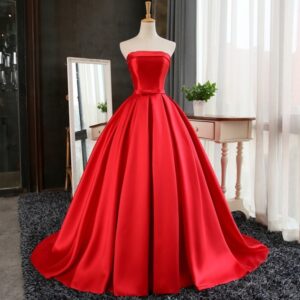 Red Ball Gown Long Satin Prom Dresses, Red Prom Dresses, Red Party Gowns