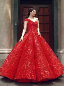 Red Ball Gown one shoulder sequins floor-length dress