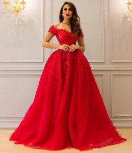 Red Lace Beaded off-shoulder dress