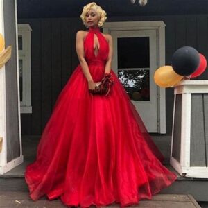 Red Long Sleeve Ball Gown V Neck Floor Length Dress