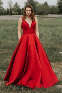 Simple A-line V-neck Satin Long Cheap Red Prom Dresses with Pocket 