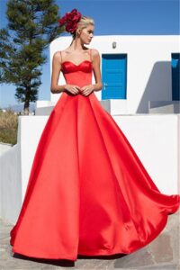 Simple Ball Gown Sweetheart Red Satin Prom Dress With Straps