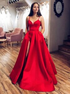 Simple Red Satin Long Prom Dresses in High Slit, Red Formal Graduation Evening Dresses