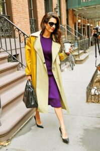 Vibrant dress with a trench coat