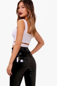 Leather pants with cut-out tops.