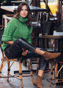 Vibrant sweater with leather pants