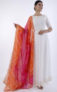 Anarkali in white with a colorful dupatta