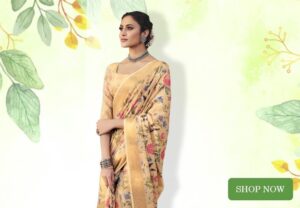 Cream Linen Saree with Floral Print