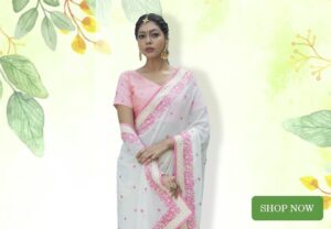 Off White Georgette Silk Thread Embroidered Saree