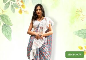 Sky Blue Cotton All Floral Printed Ruffle Saree