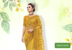 Yellow Net Designer Embroidered Saree With Laser Cut Border