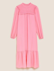 DETAILS OF M&S SHIRRED FRILL MIDI SMOCK DRESS