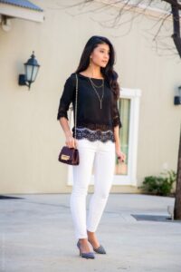 Go with a combination of black top and white jeans.