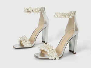 Betsey Johnson SB-Fay Pearl Rhinestone High Heel Sandals in Silver Metallic
