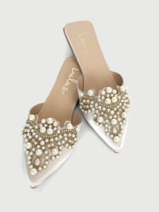 Lulus Flora Embroidered Pearl Flats Toe Sharp In Ivory Satin